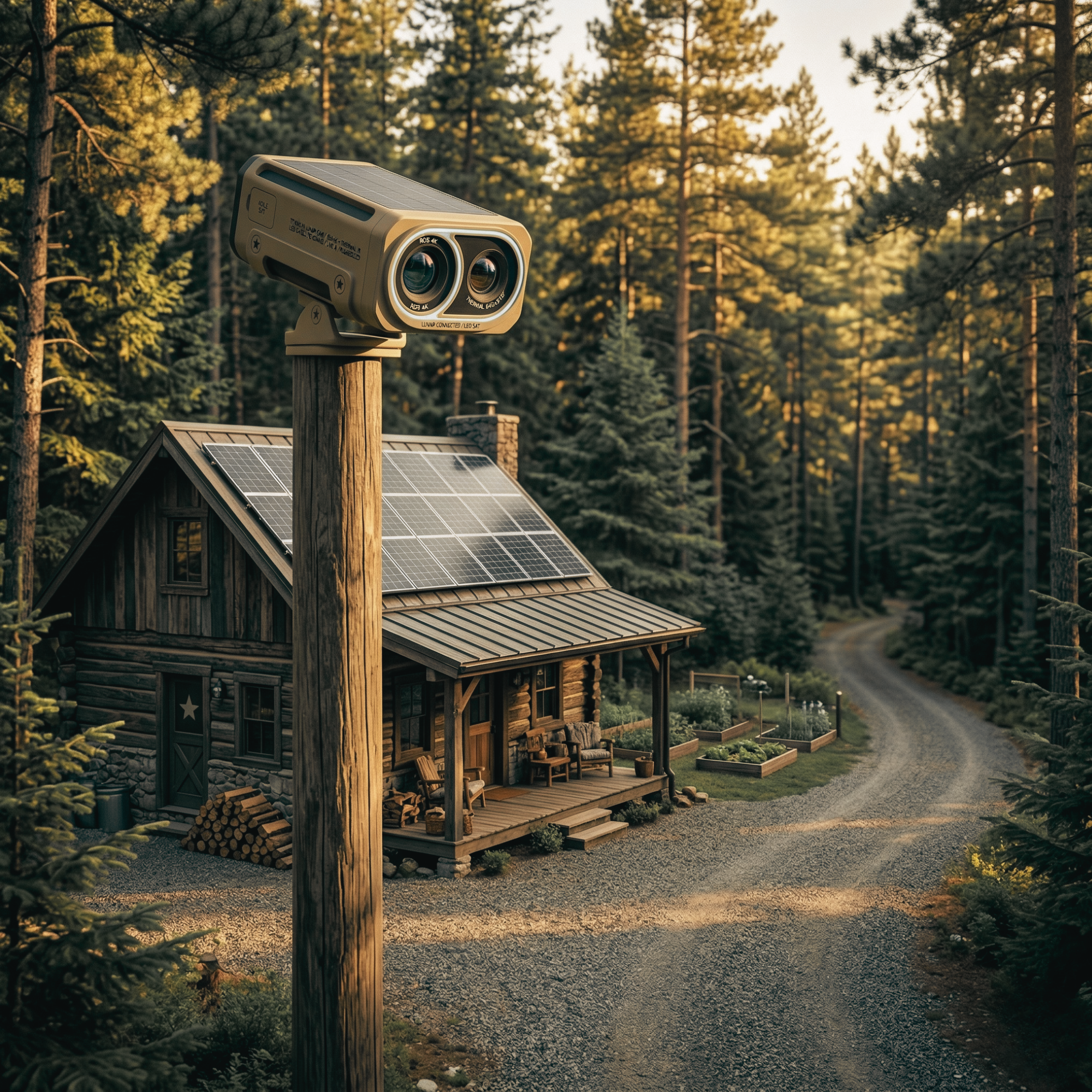 Sentinel at off-grid cabin in forest